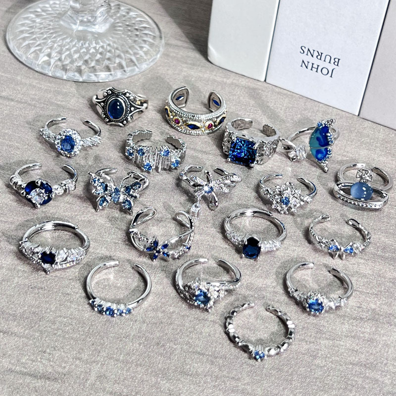 A light luxury, niche retro sapphire blue zircon open ring, a simple and fashionable index finger ring with a cold and elegant style for women details Picture