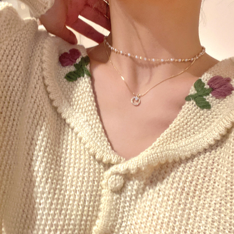 Zircon slightly inlaid double-layer pearl necklace for women, Korean light luxury niche design sense, versatile and elegant, chanel-style collarbone chain details Picture