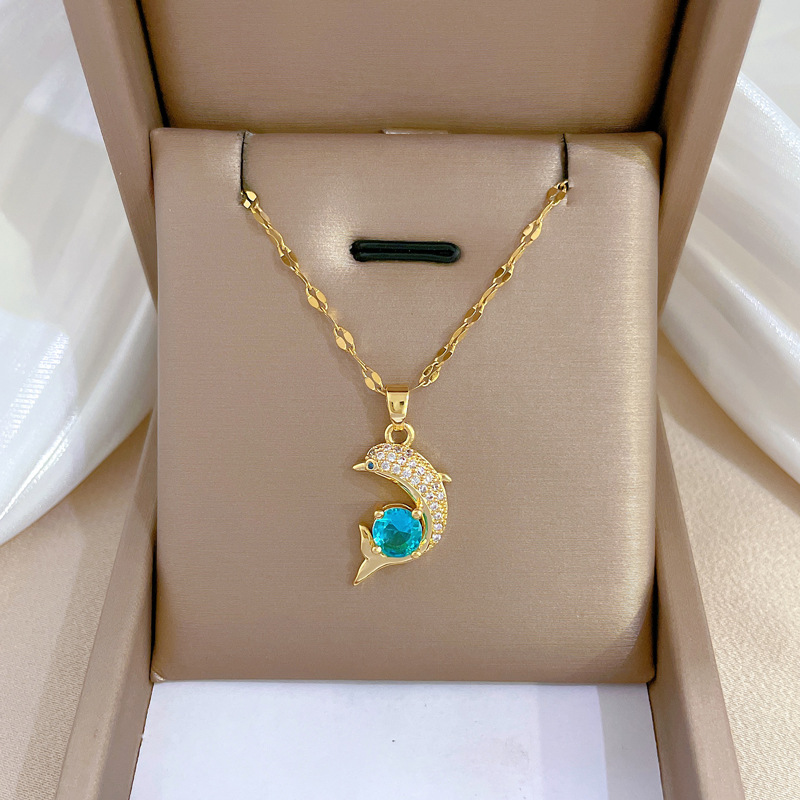 【 Titanium Steel 】 Simple and elegant zircon dolphin blue collarbone chain, small and trendy on Instagram, retro titanium steel necklace for women full figure