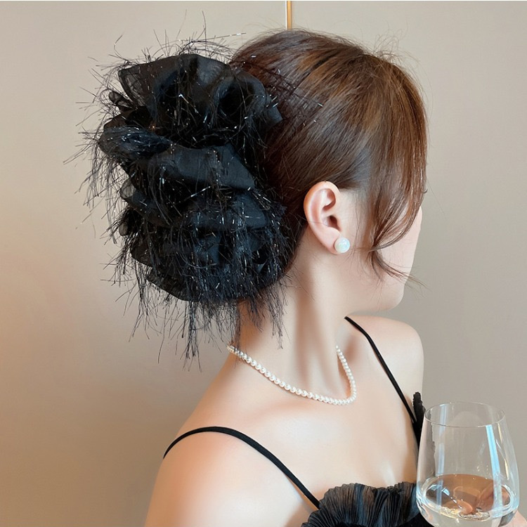 Black feather fashionable grappling clips, light luxury feminine charm, new mesh hair clips, bow, back of the head updo hair accessory Specification drawing