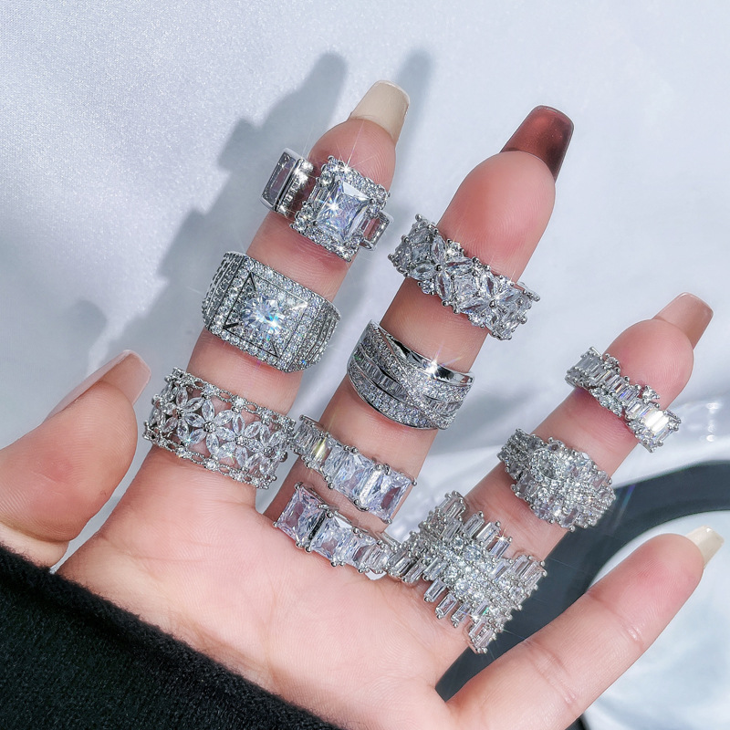 French light luxury heavy industry full-diamond zircon open ring, a high-end women's, niche, individual, fashionable and hot girl's temperament ring Specification drawing