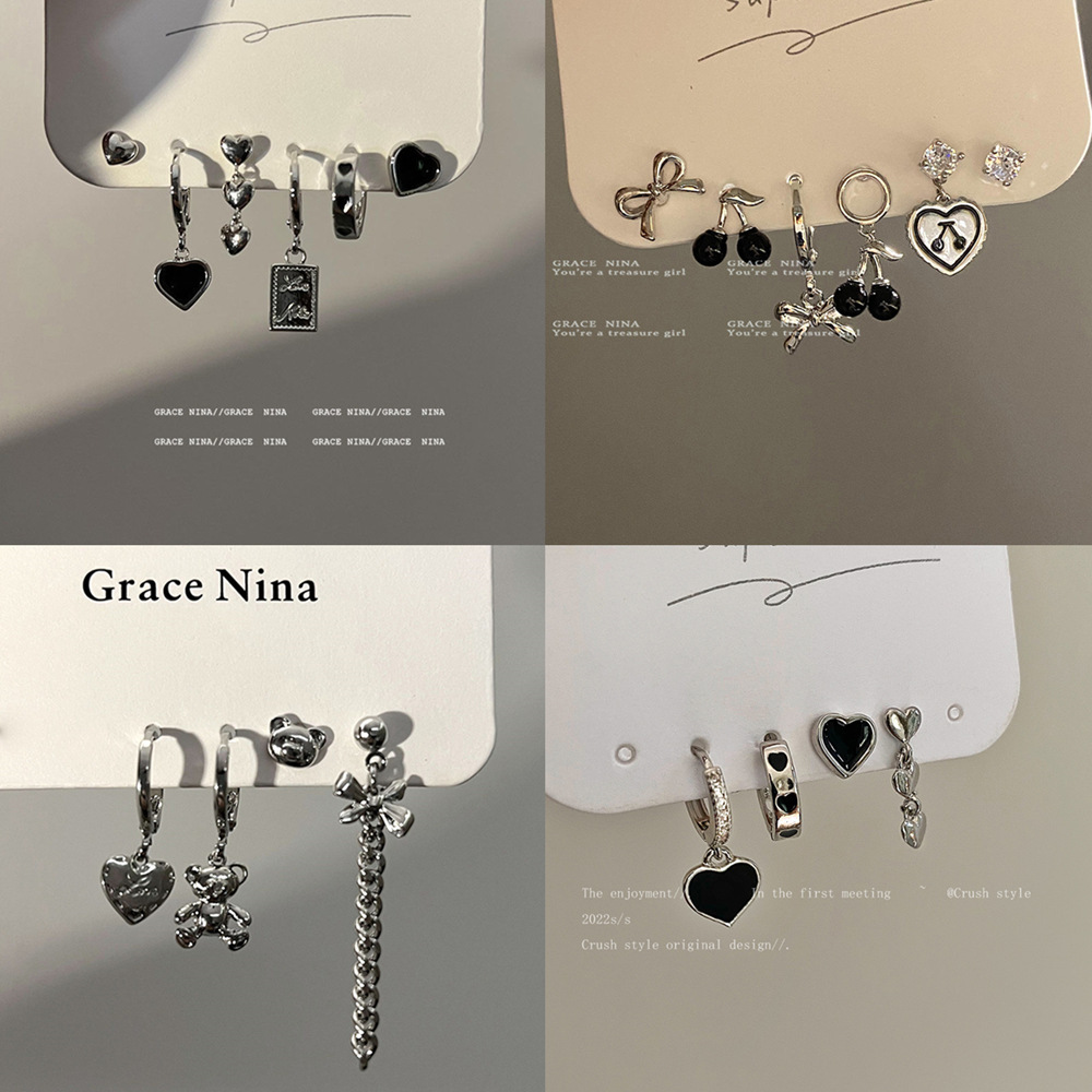 A six-piece set of Korean dark and cold style heart-shaped stud earrings and ear buckles, and trendy and stylish Instagram-style sweet and cool spicy girl earrings full figure