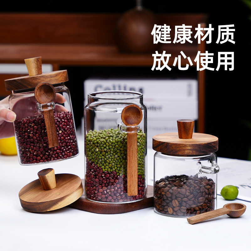 Wholesale new household thickened honey storage jars with stirring rods, acacia wood LIDS, transparent glass food sealing jars full figure