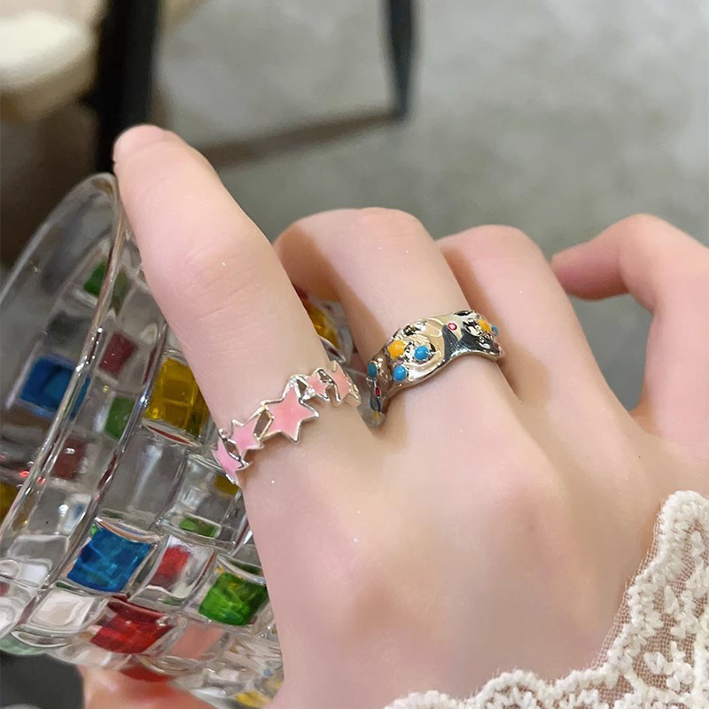 Pink star-colored drip glaze open ring, niche design, cold style, high-end feel, light luxury, individual and simple ring details Picture