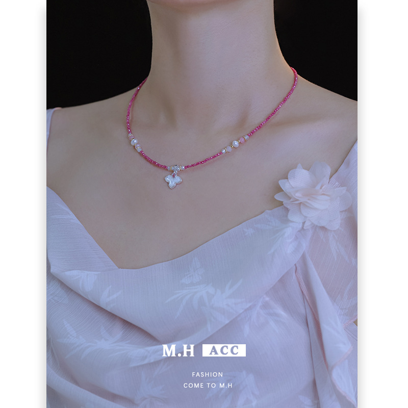 Dopamine pink Zircon shell necklace, a new trendy, light luxury and niche design, natural freshwater pearl accessory for women Specification drawing