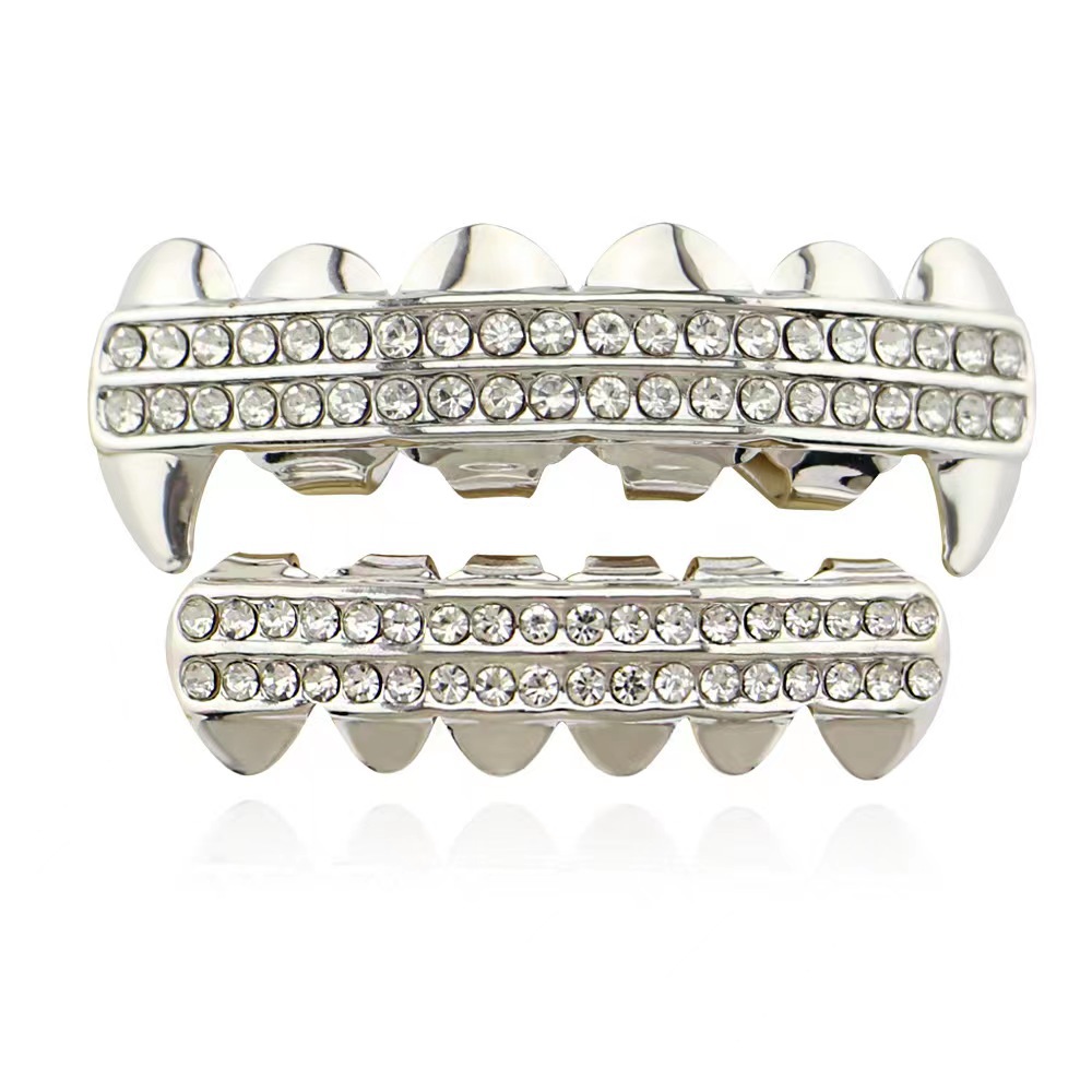 18k electroplated diamond-encrusted double-row diamond hip-hop braces for men and women, Halloween tiger teeth, vampire dentures, pointed teeth accessories Specification drawing