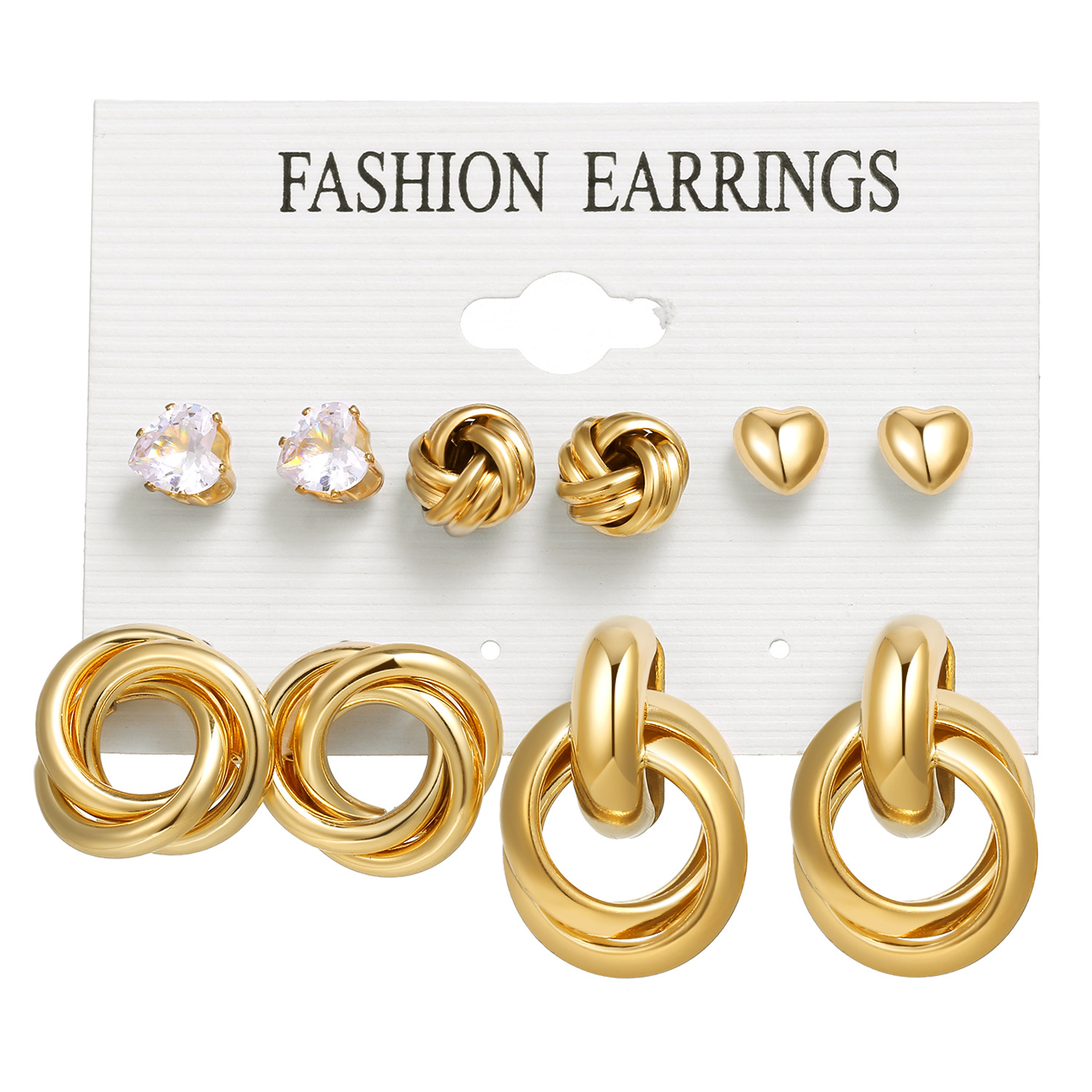 A cross-border bestseller set of 6-piece creative retro golden heart-shaped earrings with pearl and twist patterns for elegant ladies details Picture