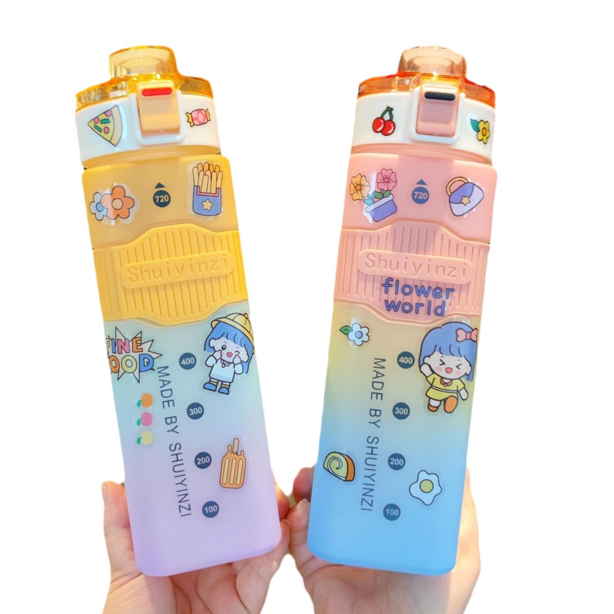 Wholesale of three-color rainbow gradient square sports straw plastic water cup, portable lifting rope, bouncing cap, graduated water bottle Item Picture