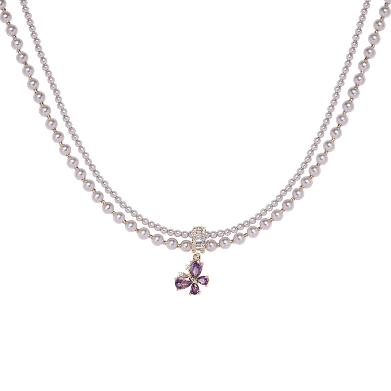 The new purple butterfly zircon pearl necklace is simple, elegant and high-end. It features a double-layered collarbone chain for women Item Picture