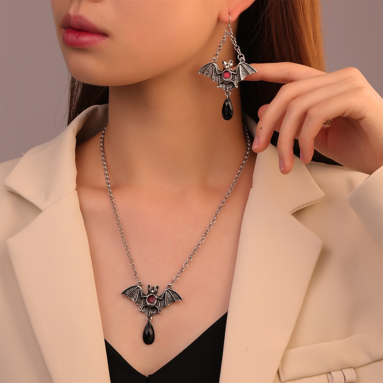 Halloween Bat jewelry set, Gothic retro exaggerated black bat necklace and earrings set, holiday gift full figure