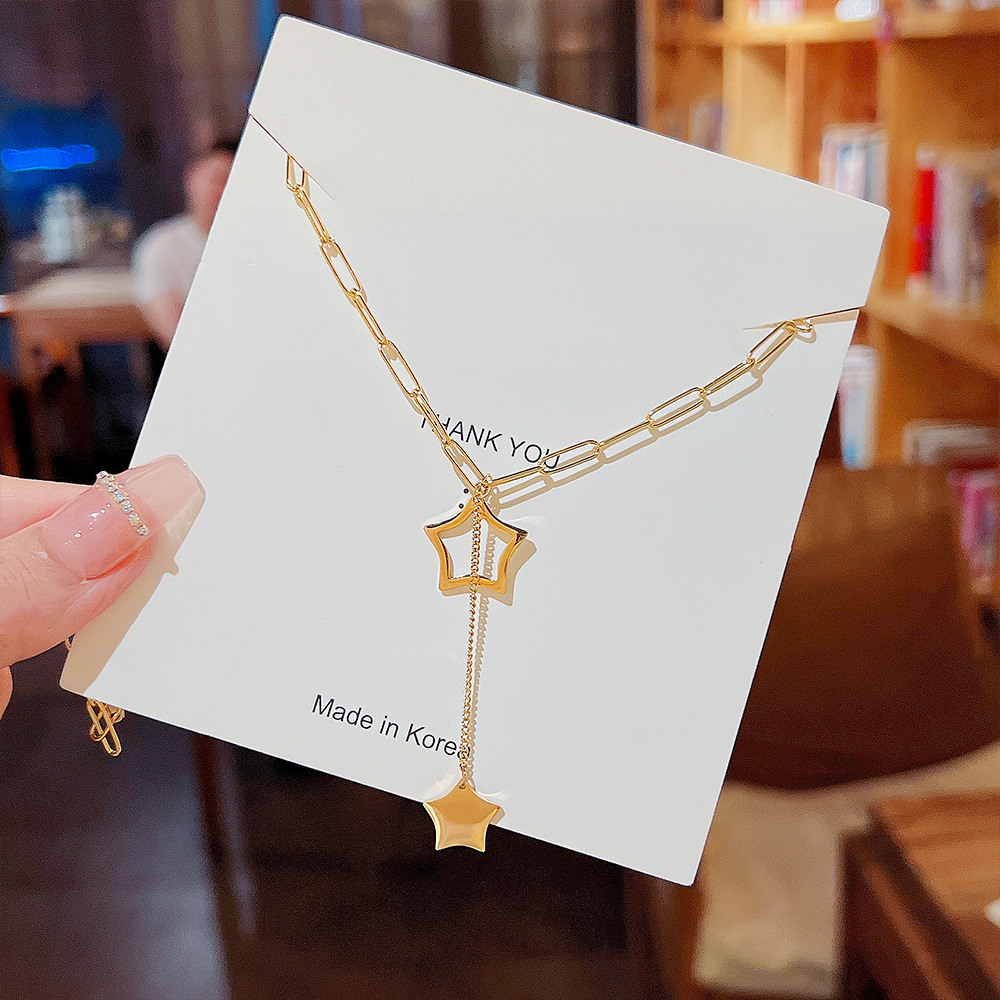 Commuting five-pointed star titanium steel non-fading necklace, 18K gold design, tassel collarbone chain, a versatile hair accessory Specification drawing