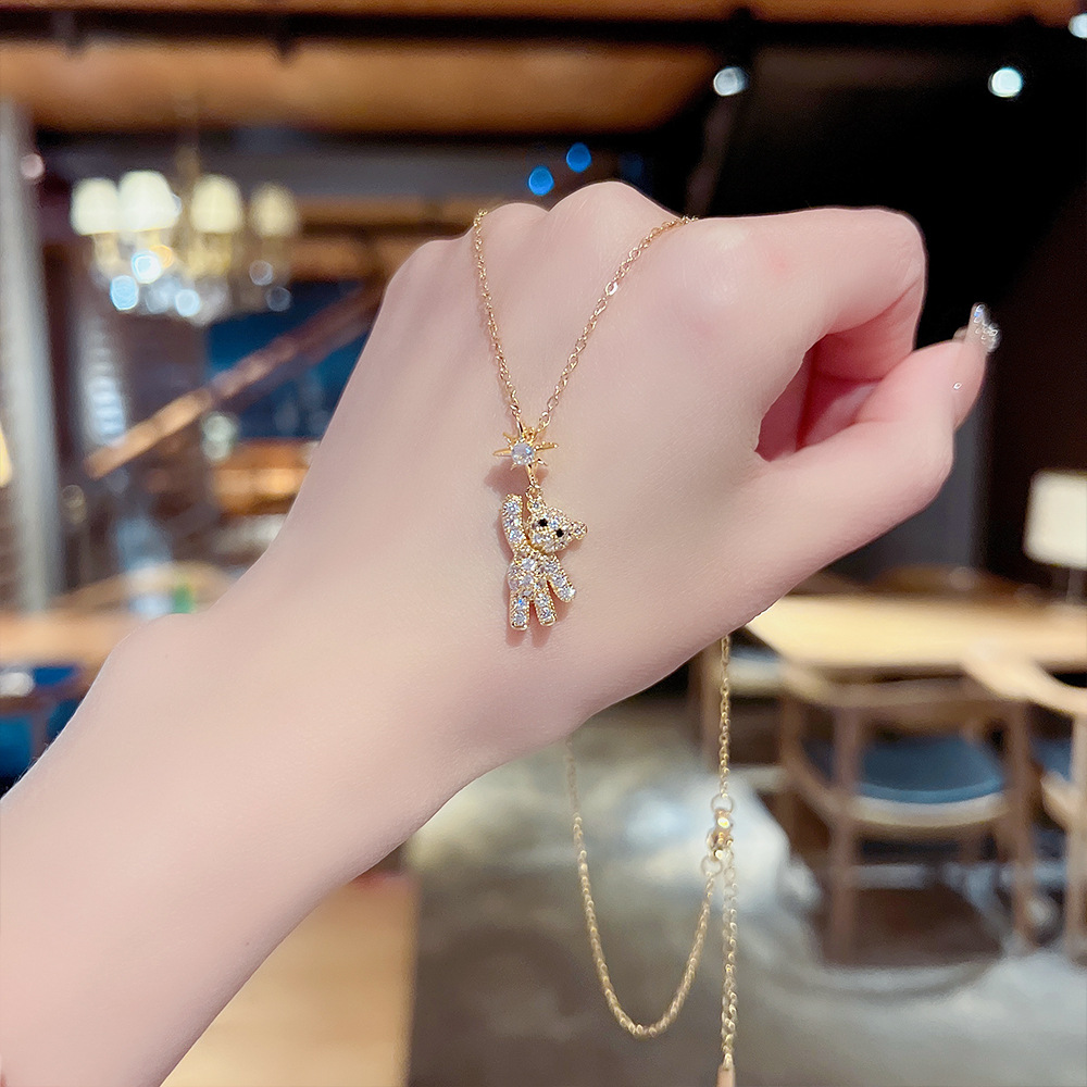 Light luxury sparkling diamond bear pendant, ins trendy hip-hop necklace, versatile and simple for women, 2025 new long collarbone chain Specification drawing
