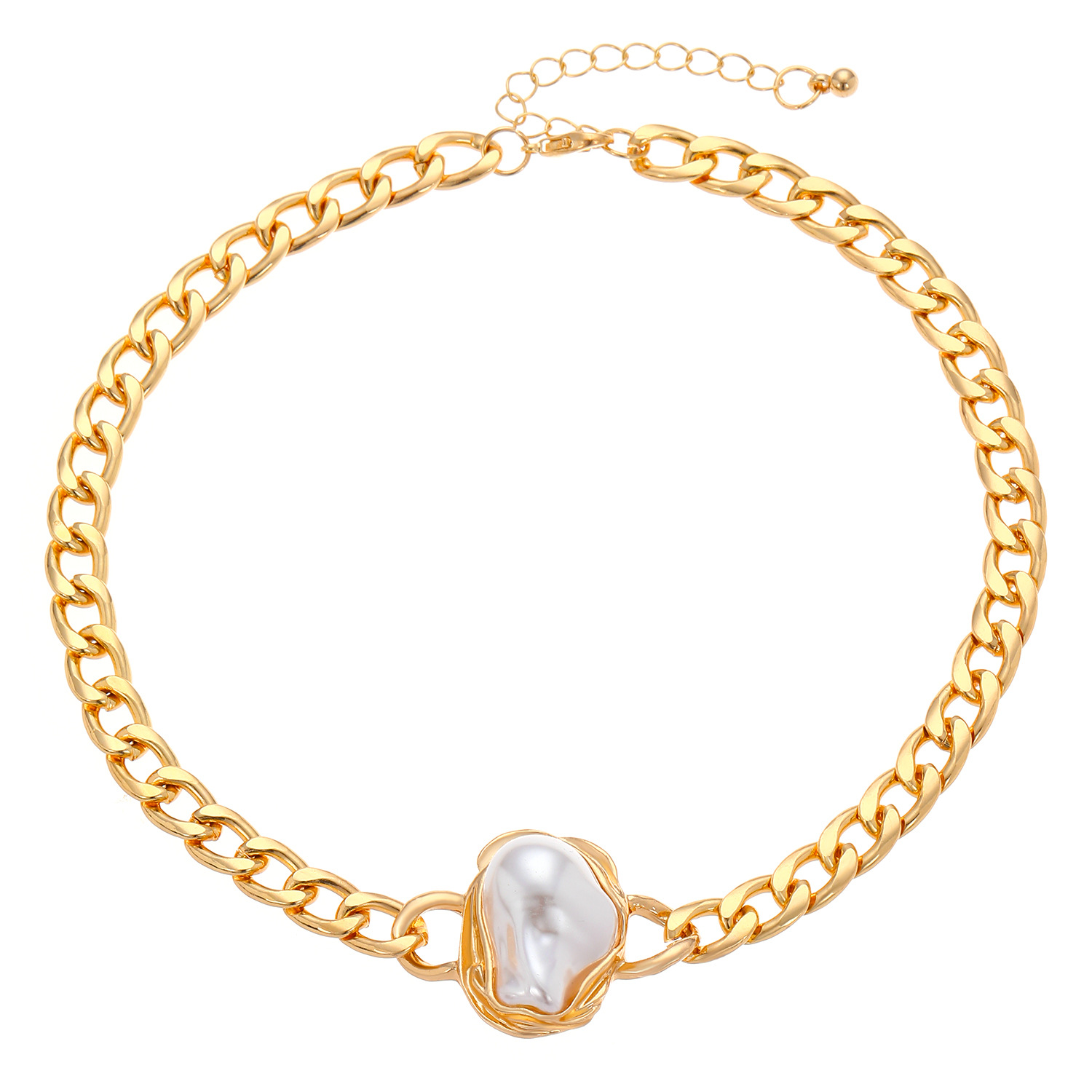 European and American cross-border Baroque irregular-shaped pearl bracelet necklace set jewelry, women's fashionable Cuban chain necklace ring Item Picture