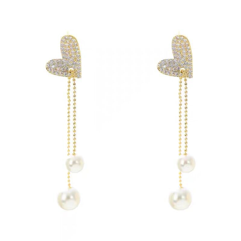 Heart-shaped pull-out pearl tassel earrings, female Internet celebrity, light luxury and high-end silver needle stud earrings wholesale, ins women's earrings Item Picture