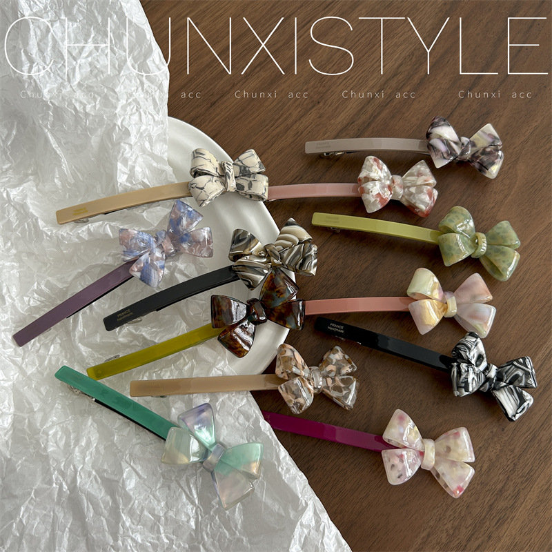 Korean style acetic acid bow hair clip, women's back head updo one-line clip, popular 2023 new spring clip details Picture