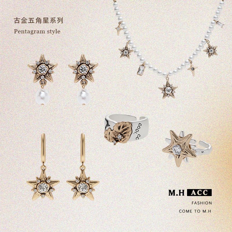 Original light luxury ins ancient gold five-pointed star necklace for women, French retro pearl collarbone chain, versatile and high-end necklace full figure