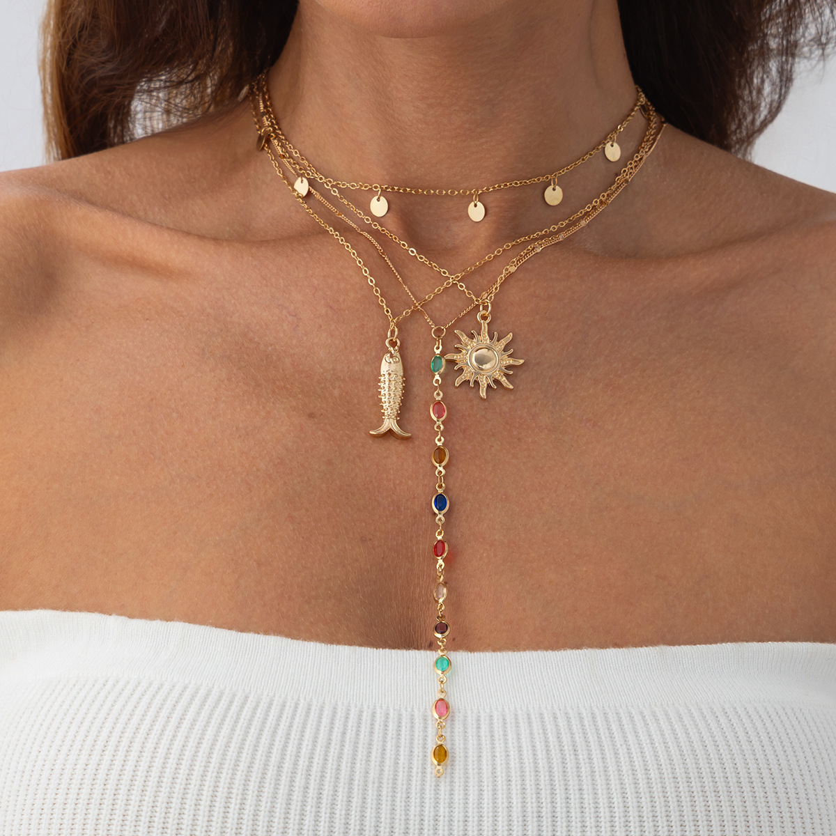 European and American cross-border jewelry: cold style diamond-encrusted cross tassel necklace, personalized small fish and starfish pendant, collarbone chain full figure