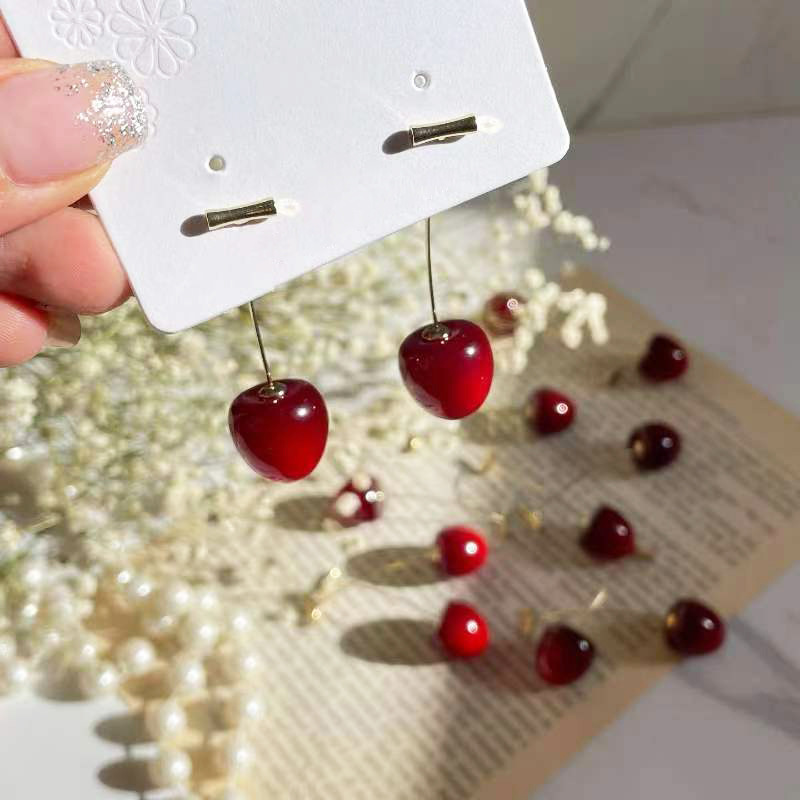 Cross-border best-selling long cherry earrings, Instagram-style European and American creative design, cute cherry stud earrings wholesale details Picture