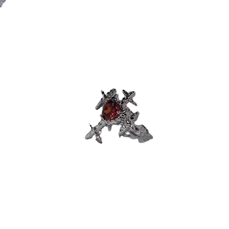 Hip-hop personality, niche design, dark cross open ring, female heart, red zircon, cool and fashionable ring Item Picture