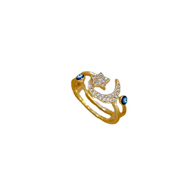 【 Real gold electroplating 】 Open star and moon fashion slightly inlaid light luxury ring index finger ring, the same style as the Internet celebrity, cold style Item Picture
