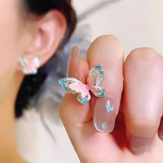 Pink Butterfly Blue Dream ~ Sweet and Stylish Oil-Dripping Hollowed-out Butterfly Stud Earrings for Women 2025 Summer, a new, unique and versatile ear accessory details Picture