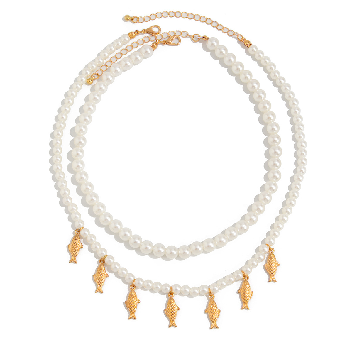 European and American cross-border jewelry, fashionable and light luxury style, imitation pearl beaded necklace, ins sweet girl little fish pendant, collarbone chain Item Picture