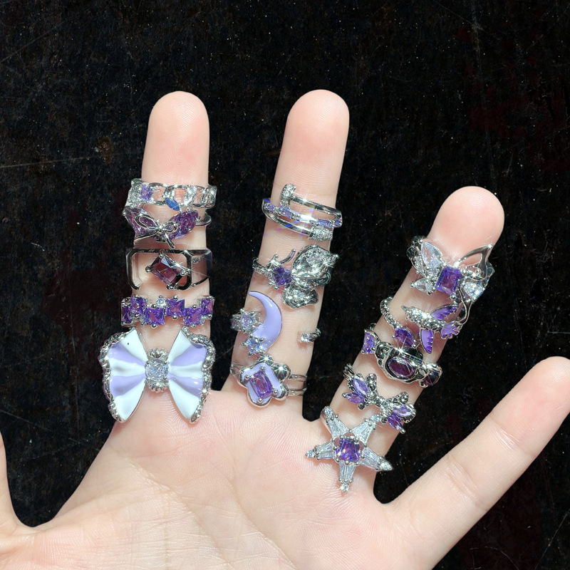 Exquisite starry purple diamond Zircon series open ring for women's fashion, light luxury, ins niche design, sweet and cool ring Specification drawing