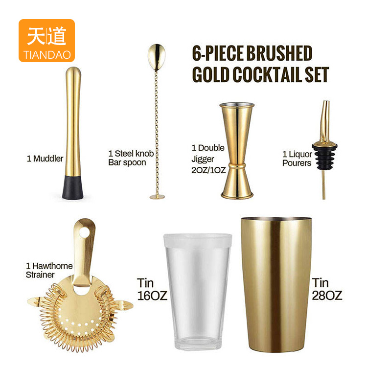 Stainless steel gold-plated Boston cocktail shaker set, cocktail ware set, cross-border best-selling bar supplies details Picture