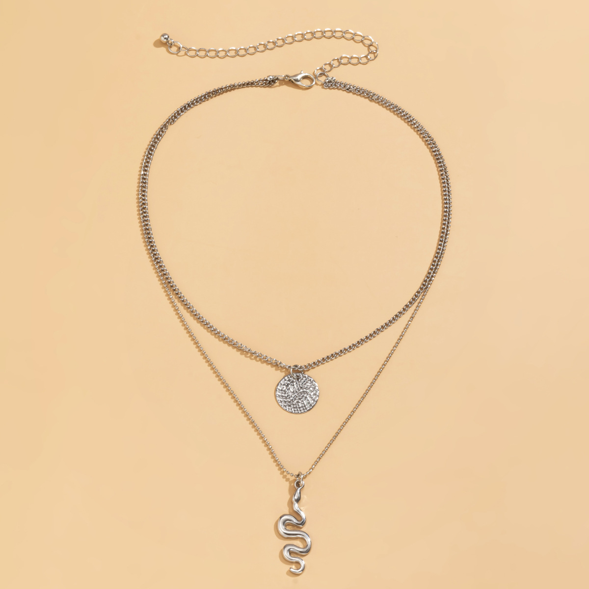 Cool and simple geometric matte round pendant necklace, hip-hop dragon-shaped tag double-layer necklace, European and American cross-border jewelry details Picture