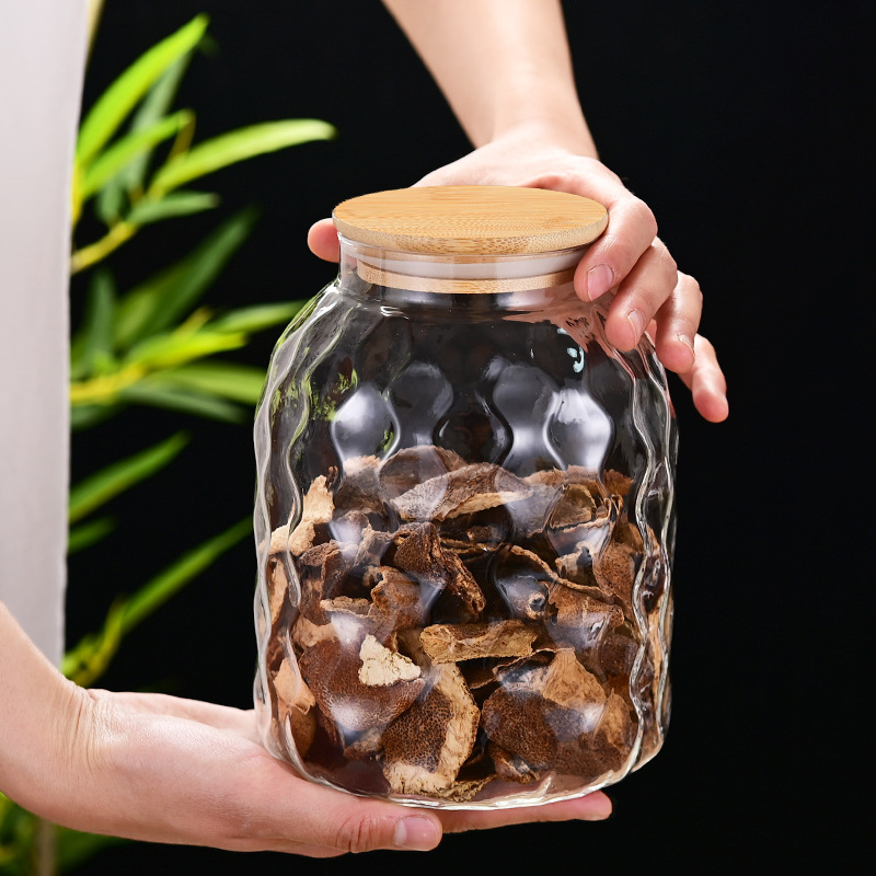 Wholesale tangerine peel storage jars, household large-diameter round transparent glass storage jars, thickened five-grain and miscellaneous grain storage jars full figure
