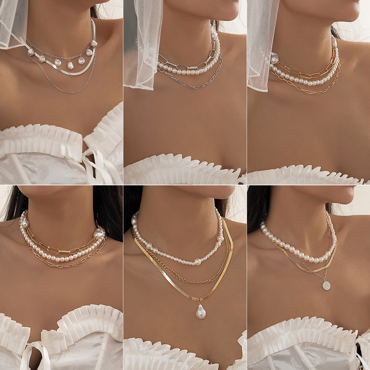 European and American cross-border jewelry, beaded star heart pendant, collarbone chain necklace, metal style, sweet and cool imitation pearl necklace full figure
