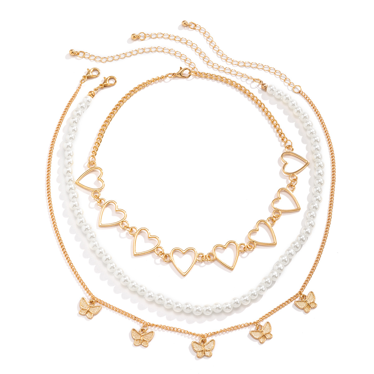 European and American cross-border jewelry, Xin heart-shaped hollowed-out necklaces, multi-layer necklaces, punk small butterfly imitation pearl necklaces for women Item Picture