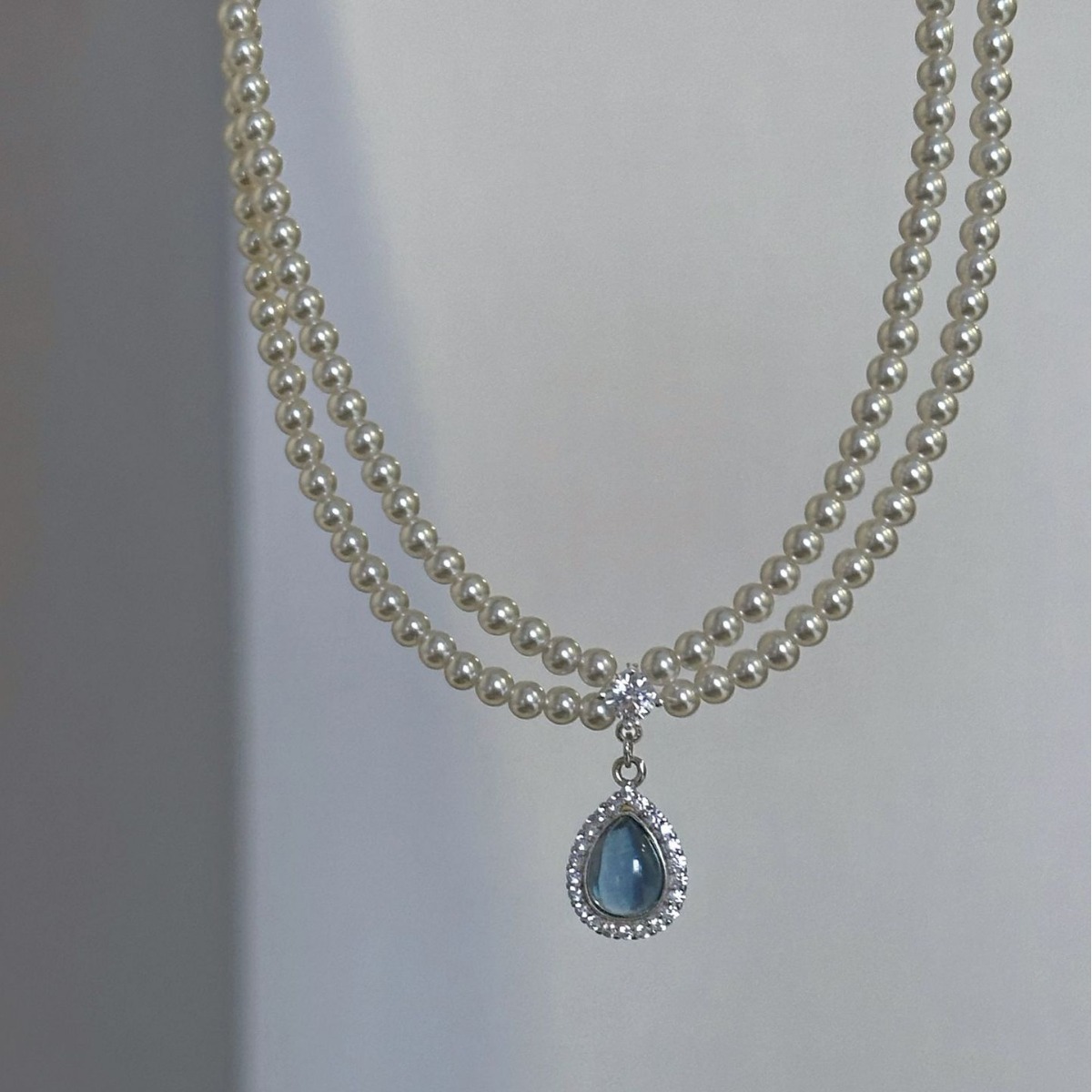 Aquamarine water drop pendant pearl necklace for women, light luxury, retro, individual, fashionable, versatile and color-preserving collarbone chain Specification drawing