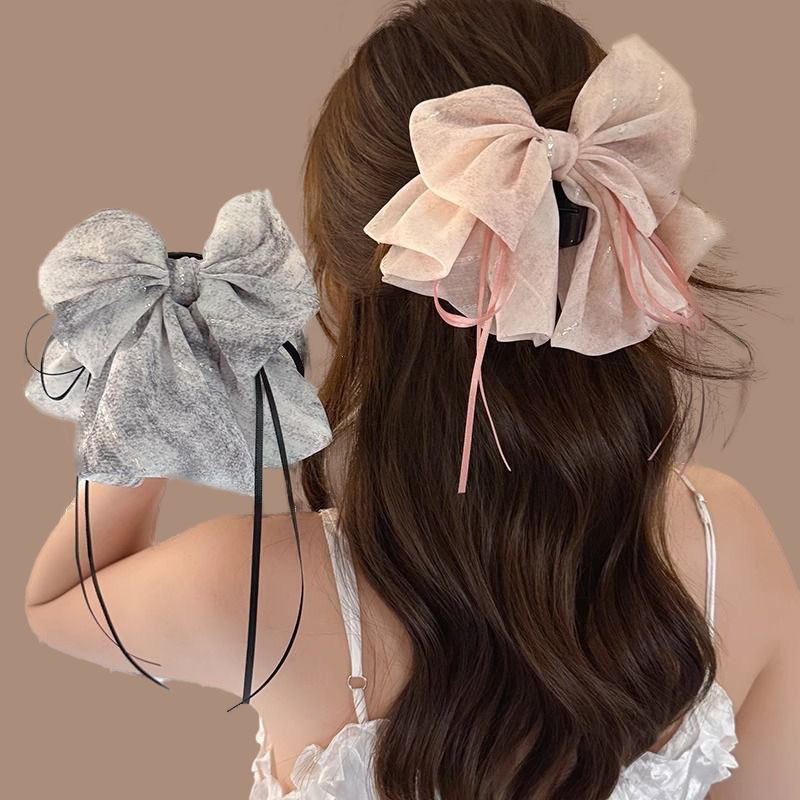 Fashionable and high-end, flowing chiffon bow ribbon hair clip, lazy person's hair clip, elegant ponytail hair clip at the back of the head full figure