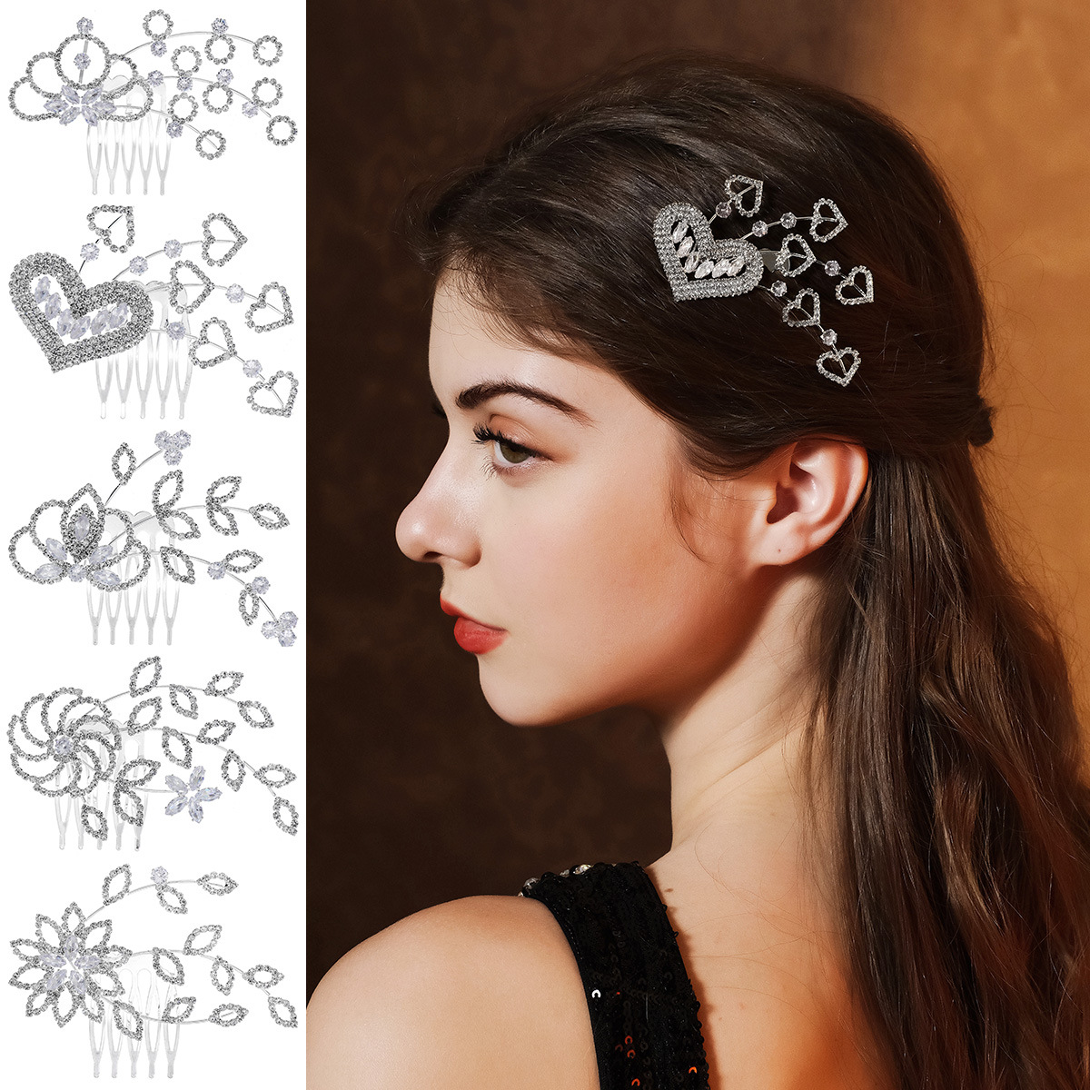 European and American design sense hair accessories, full diamond flower heart-shaped comb, retro bride's updo, alloy zircon five-toothed comb full figure