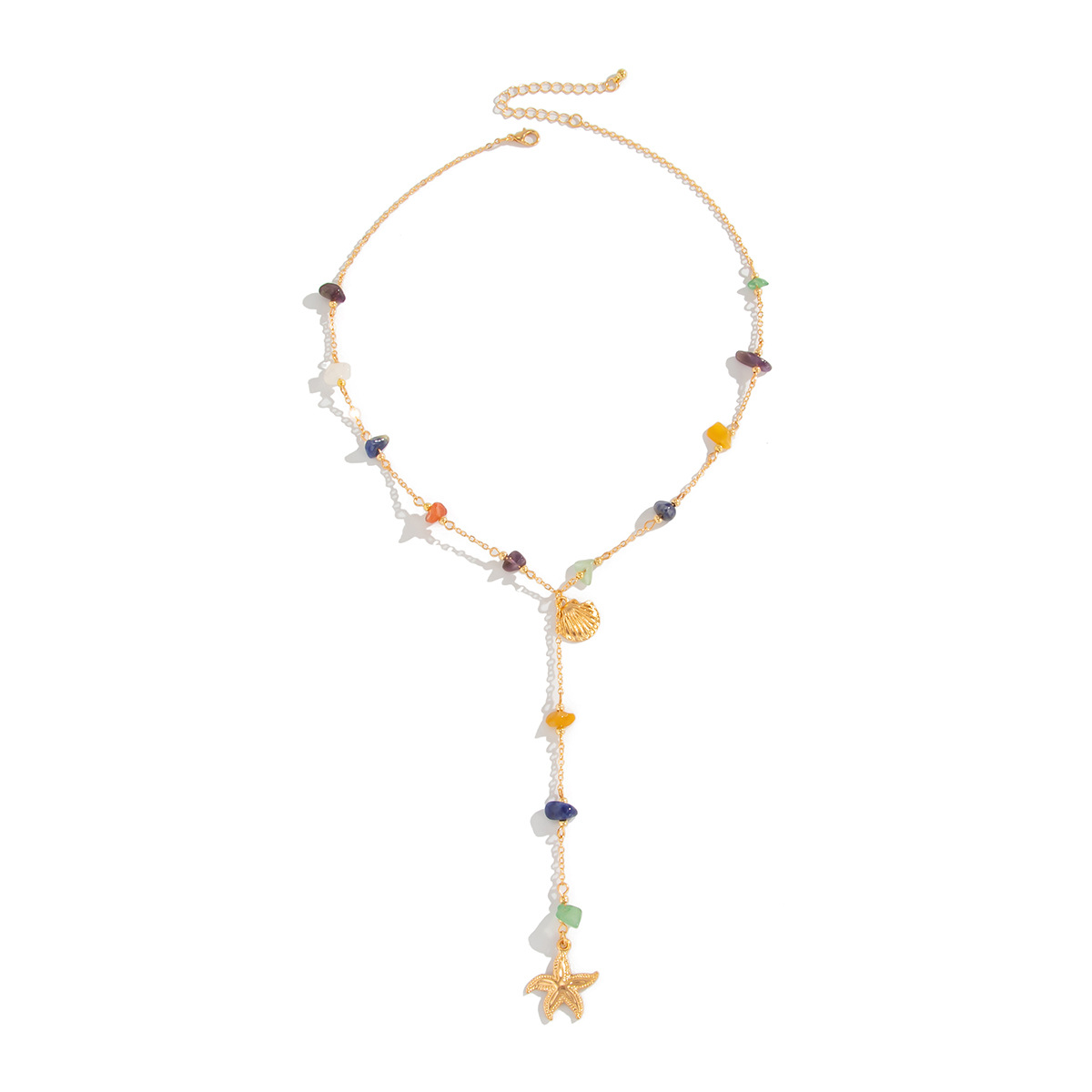 European and American cross-border vacation style starfish shell Y-shaped pendant necklace, personalized irregular turquoise collarbone chain necklace for women Item Picture