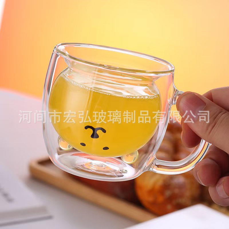 High-quality transparent glass cartoon bear cups, various styles of milkshake desserts, milk cups, and household glass double-layered cups Specification drawing