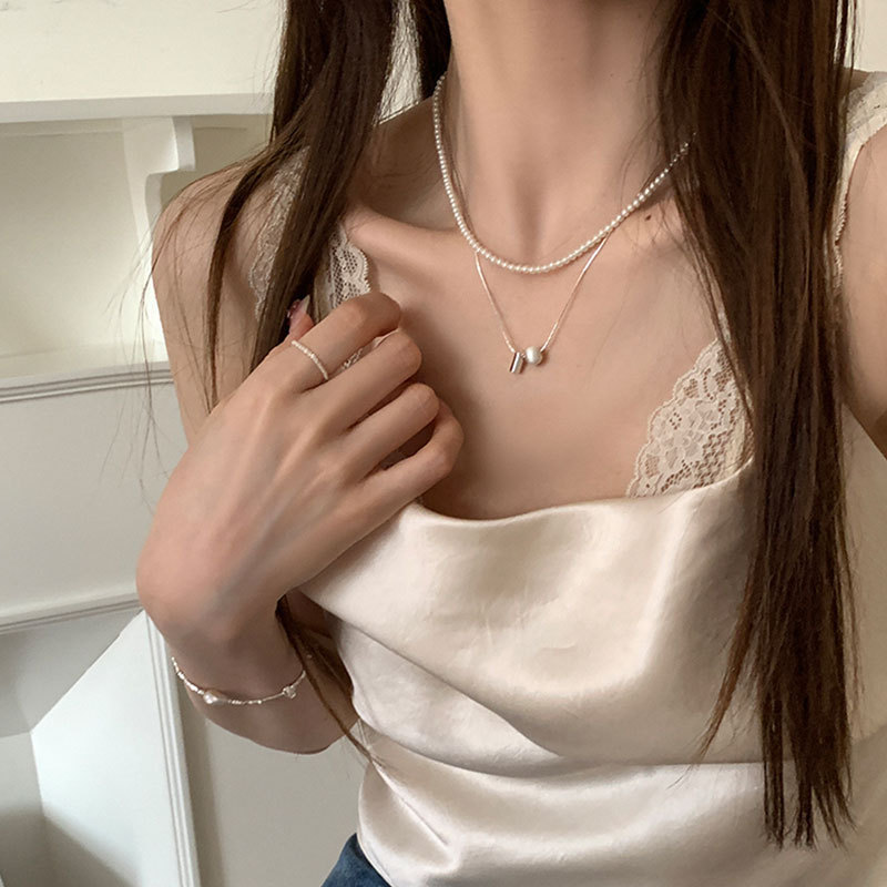 A high-end brushed round ball pearl double-layer layered necklace, a unique and fashionable women's neckchain and collarbone chain Specification drawing