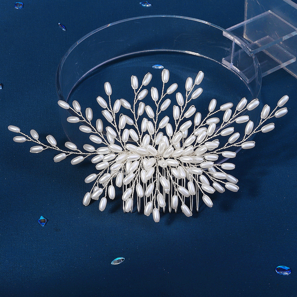 European and American cross-border bride pearl hair comb, wedding banquet ancient-style headwear, bride's updo hair accessory, gold hand-inserted comb Specification drawing