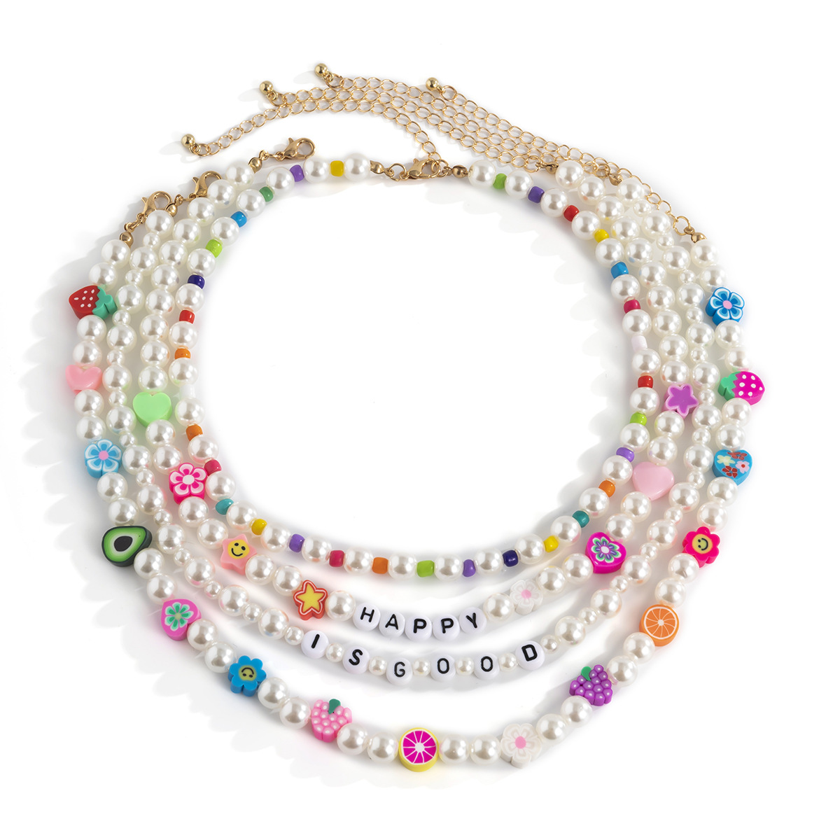 A pastoral and fresh, color-blocking fruit soft clay layered necklace, a retro European and American imitation pearl acrylic letter collarbone chain Item Picture