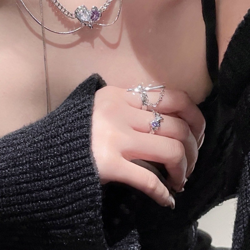 ins cold and minimalist design sweet and cool ring for women, a niche purple diamond lava cross chain open-mouth food ring Item Picture