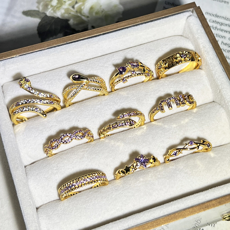 New sweet and cool Star Purple diamond Nine Purple Fire Escape ring for the Year of the Snake, adjustable snake-shaped light luxury high-end index ring for women full figure