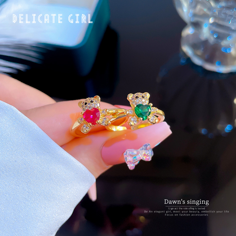 【 Real Gold 】 Diamond-encrusted bear open-mouth ring for Women, Japanese and Korean niche simple design index finger ring, Internet celebrity Specification drawing