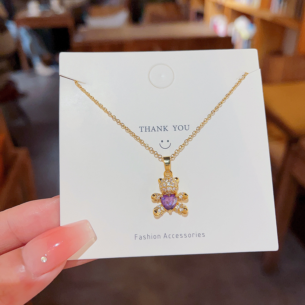 Purple bear zircon pendant necklace, a fashionable bestseller for female Douyin, titanium steel collarbone chain, a trendy and internet-famous style necklace details Picture