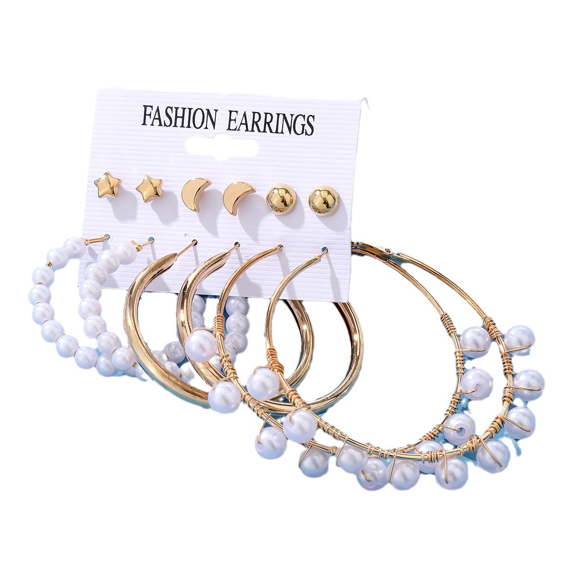 Wholesale of new cross-border geometric earring set of 6 pieces, creative, simple and retro round heart-shaped pearl earrings Item Picture