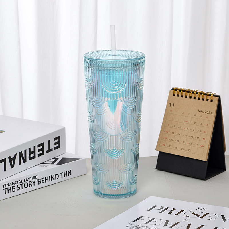 【 Processing and Customization 】 Wavy straw cup, ocean pattern, popular online drinking cup, high appearance level, large capacity, straight for commuting Specification drawing