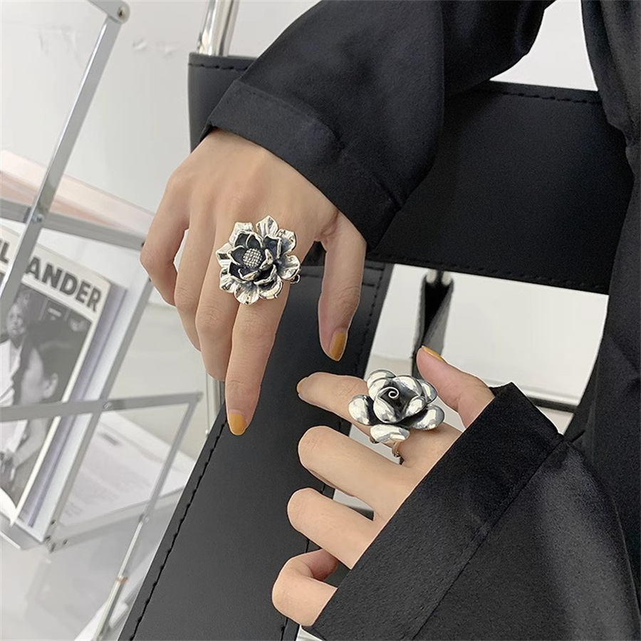 European and American exaggerated large flower ring for women, 925 silver peony flower open ring, retro aged and cold style index finger ring Specification drawing