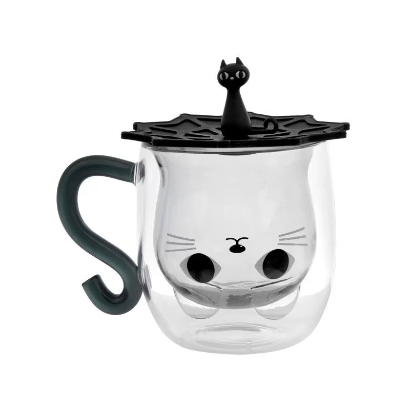 Creative cartoon kitten water cup with handle, transparent glass cup, double-layer cup, heat-resistant milk cup, household breakfast cup Item Picture