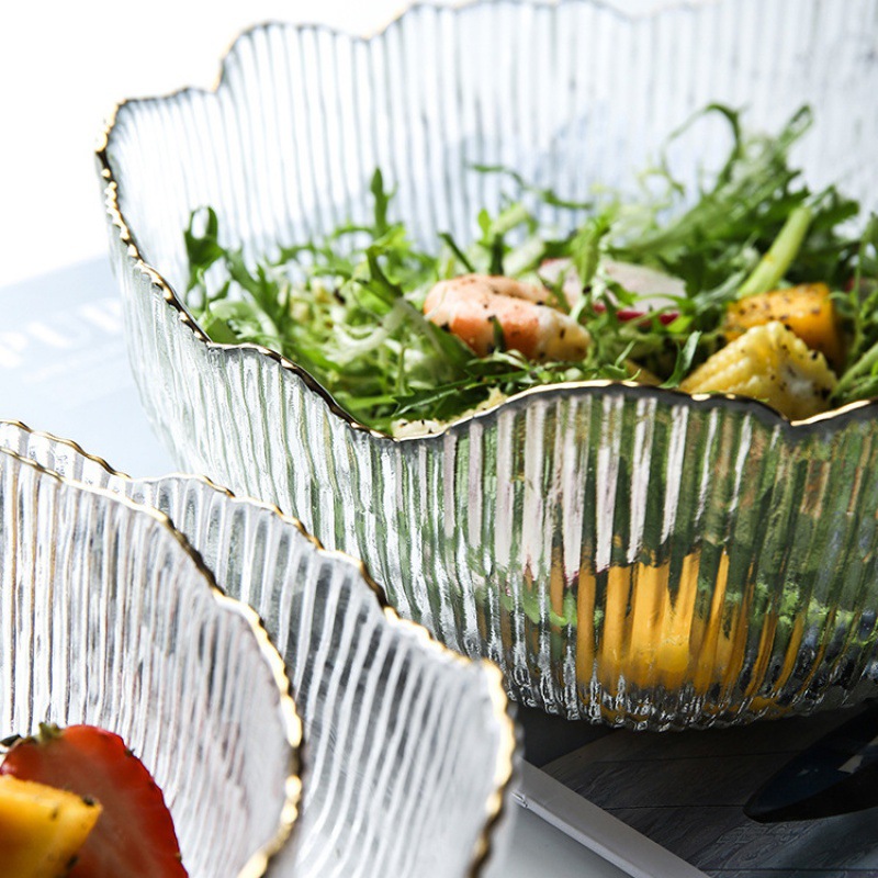 Nordic creative irregular glass bowl, thickened household fruit bowl, tea-washing striped golden edge sunflower salad bowl Application Scenario