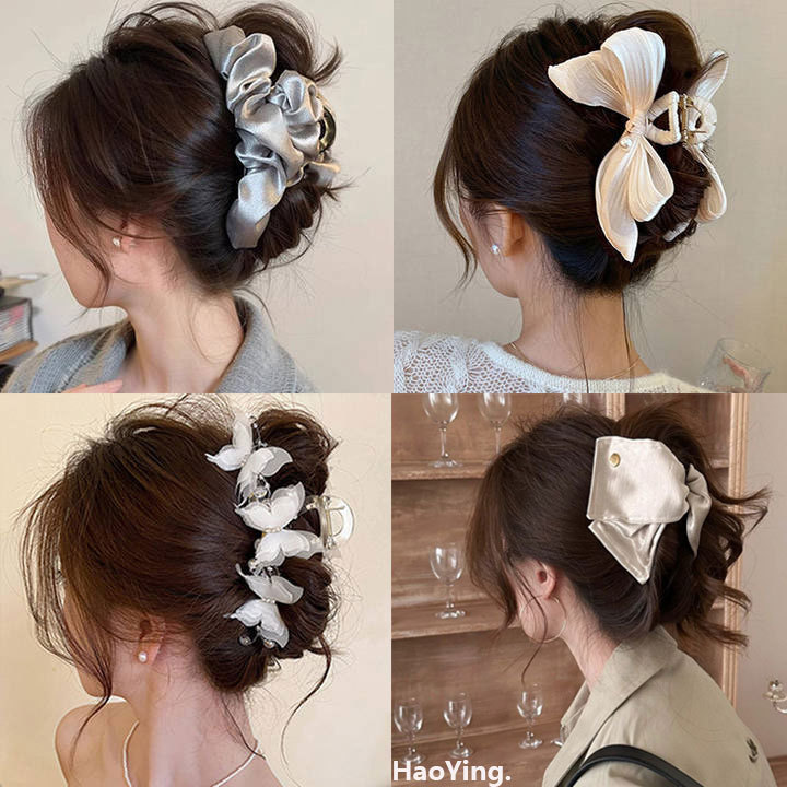 High-end satin large scratch-clip women's 2025 new light luxury pleated head clip shark clip headwear hairpin full figure